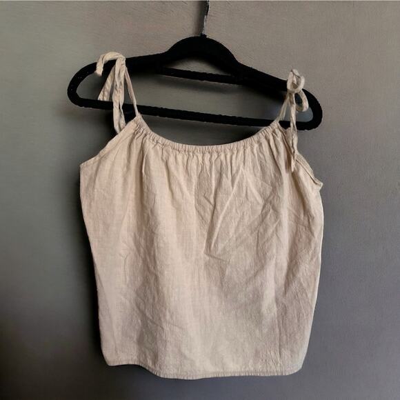 SHEIN Womens Tank Sz L Beige Linen Swing Top Crinkle Lightweight Ties Shoulders - Picture 1 of 7